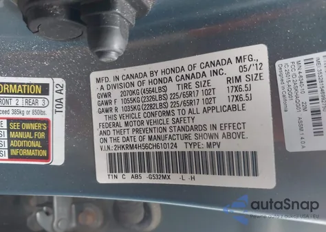 2012 Honda Cr-V Ex from USA, damaged, VIN 2HKRM4H56CH610124